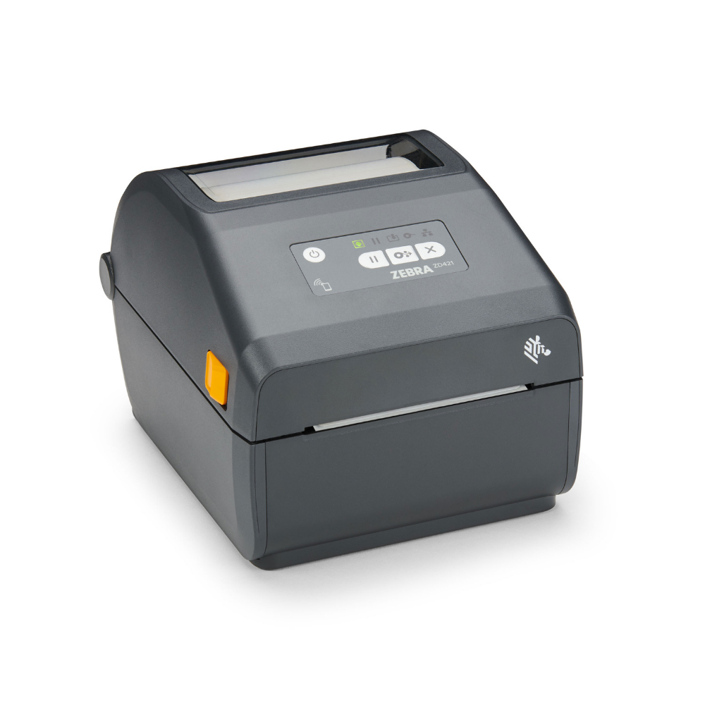 Impressora Zebra ZD421D da Fábrica das Etiquetas, vista frontal com tela e botões de controle.