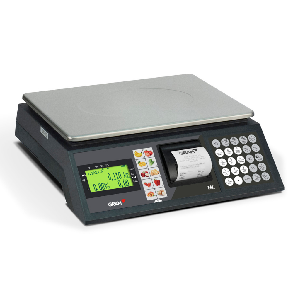 Balança de precisão GRAM M4 da Fábrica das Etiquetas, mostrador digital e detalhes da estrutura em aço.