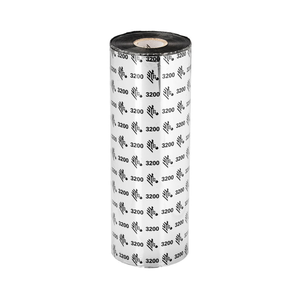 Fitas de carbono Zebra 3200 Cera Resina da Fábrica das Etiquetas, mostrando as fitas em rolos para impressão.