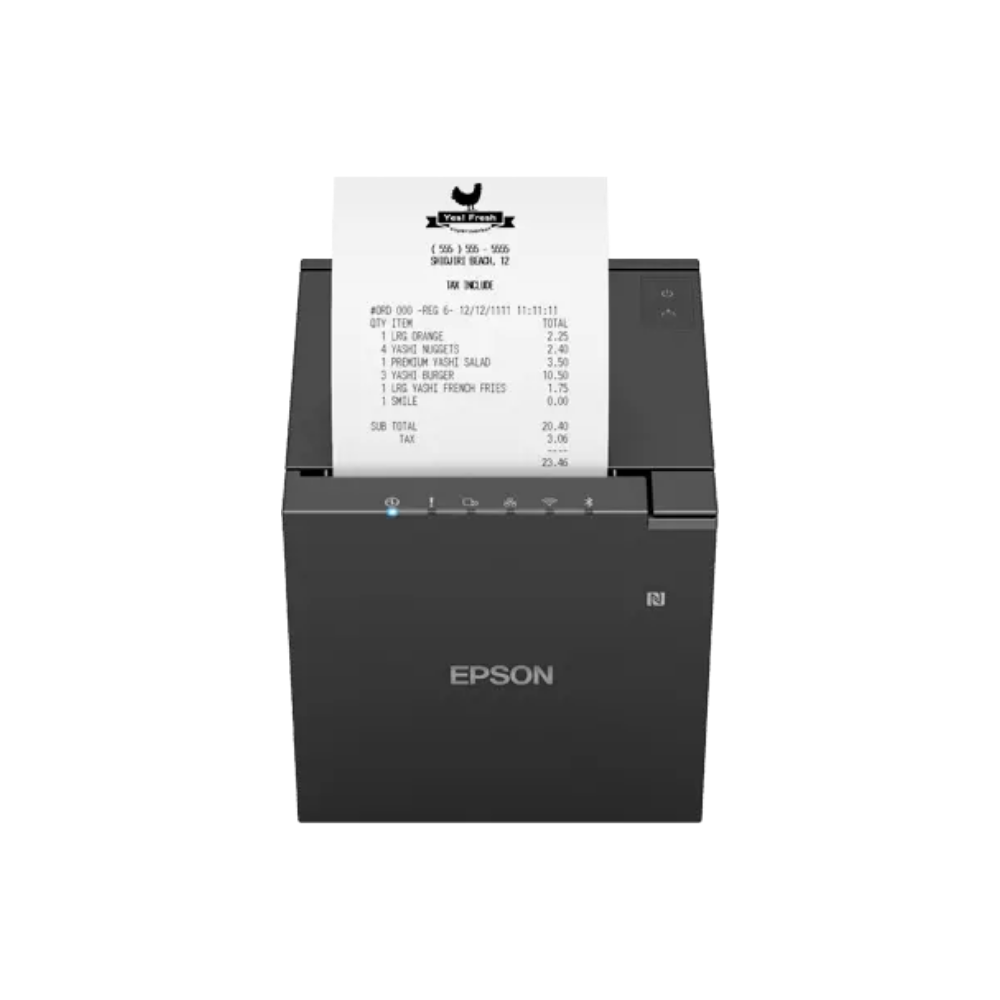 Impressora de recibos Epson TM-m30III da Fábrica das Etiquetas, exibindo a frente com papel de recibo pronto para uso