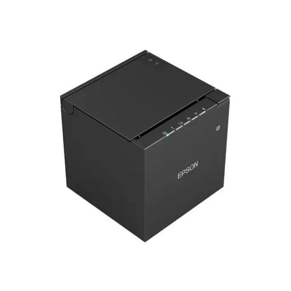 Impressora de recibos Epson TM-m30III da Fábrica das Etiquetas, mostrando a frente com papel carregado e painel de controle.