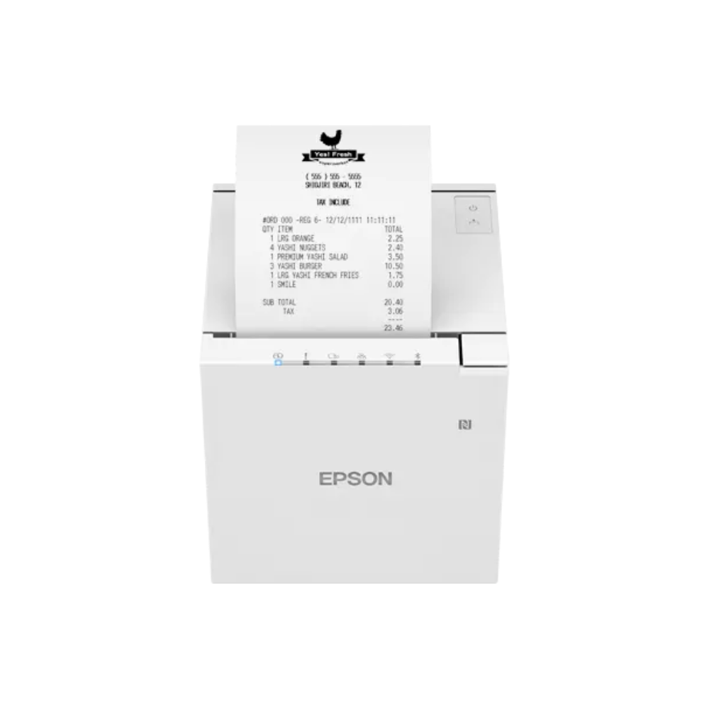 Impressora de recibos Epson TM-m30III da Fábrica das etiquetas, mostrada em uma mesa com papel térmico.