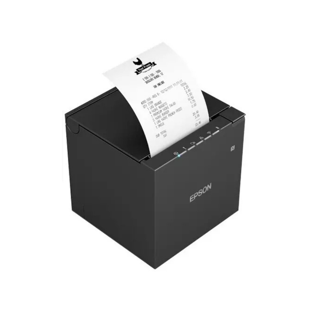 Impressora de recibos Epson TM-m30III da Fábrica das etiquetas, vista frontal com bobina de papel visível.