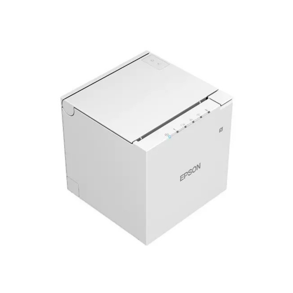 Impressora de etiquetas Epson TM-m30III da Fábrica das etiquetas, vista frontal com bobina de papel e painel de controle.