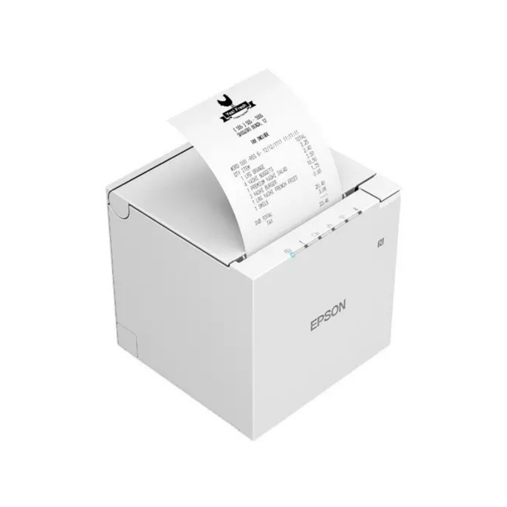 Impressora de etiquetas Epson TM-m30III da Fábrica das etiquetas, vista frontal com papel na bobina e botões de controle.