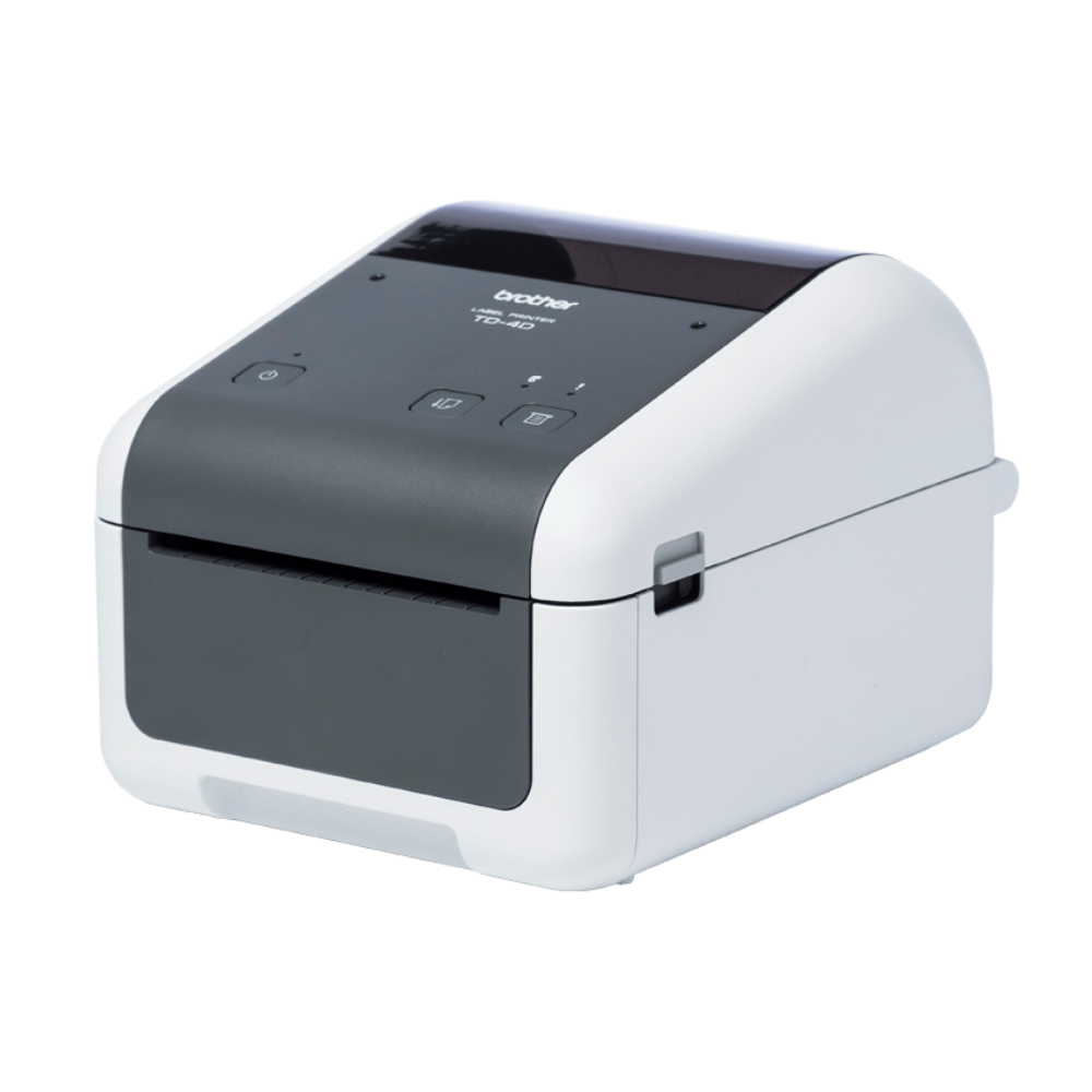 Etiqueteira Brother TD-4410D da Fábrica das etiquetas com fita de impressão visível e painel de controle na parte frontal.
