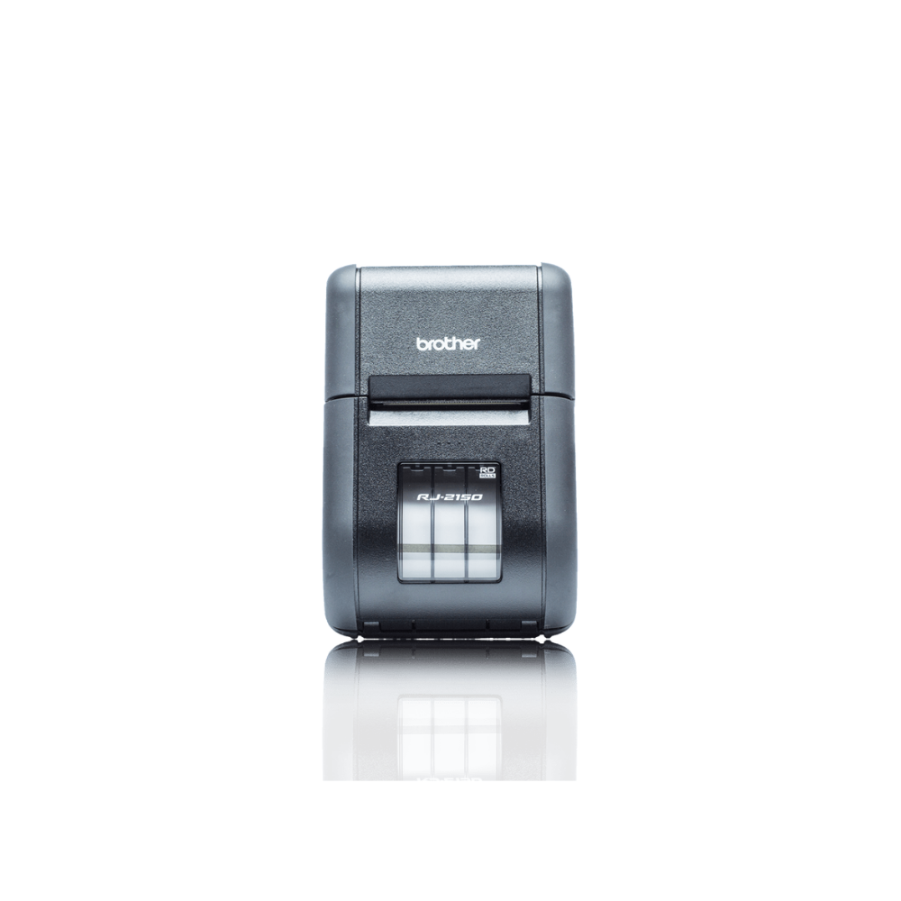 Impressora portátil Brother RJ-2150 da Fábrica das etiquetas, exibindo a tela e o design compacto em fundo branco.