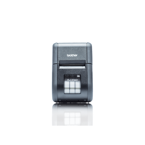 Impressora portátil Brother RJ-2150 da Fábrica das etiquetas, exibindo a tela e o design compacto em fundo branco.