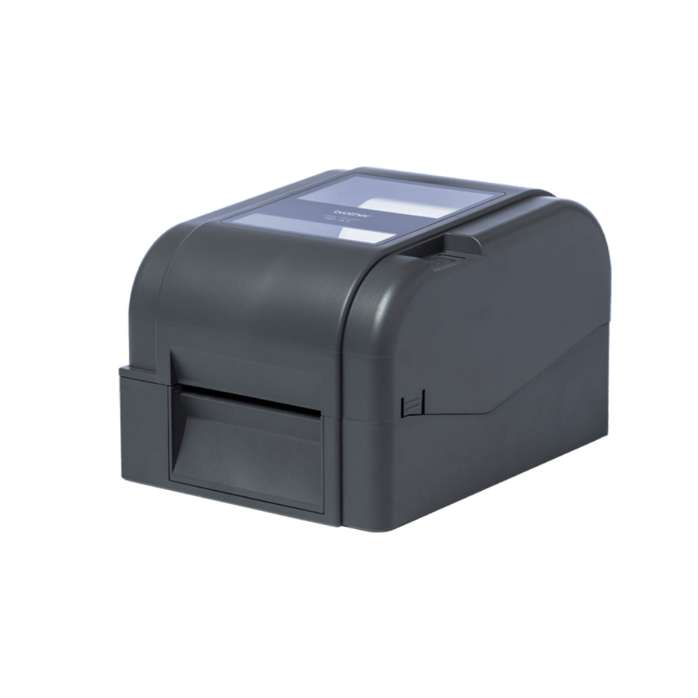 Impressora de etiquetas Brother TD-4420TN da Fábrica das Etiquetas, mostrada em uma imagem com detalhes do painel e impressora.
