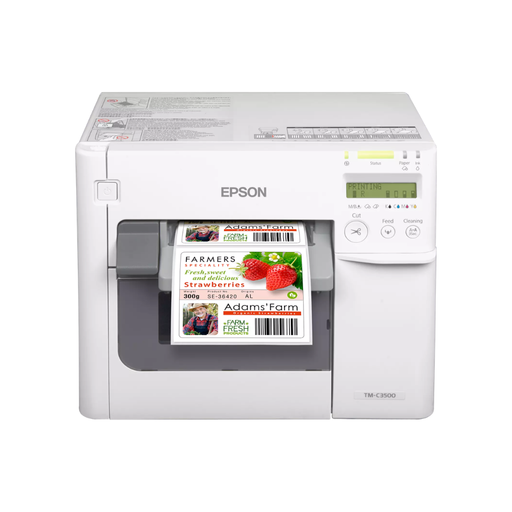 Etiquetadora Epson C3500 da Fábrica das etiquetas, mostrada com a impressora e etiquetas impressas em fundo branco.