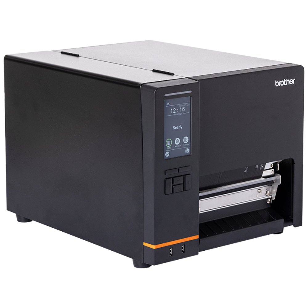 Impressora Brother TJ-6421TN da Fábrica das etiquetas, vista frontal com detalhes do painel e slot para papel.