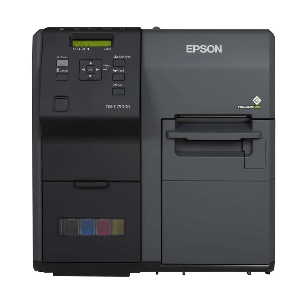 Impressora térmica EPSON C7500G da Fábrica das Etiquetas exibida em uma imagem com detalhes do equipamento.