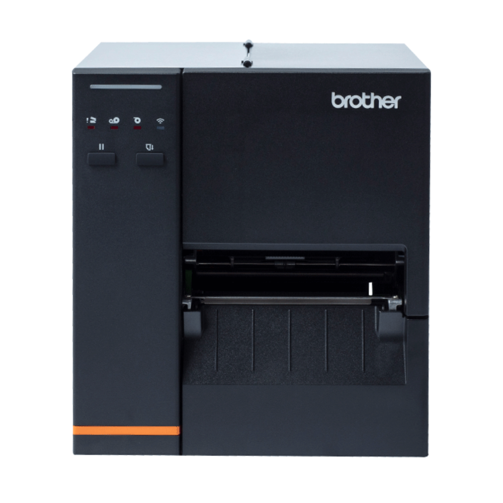 Impressora Brother TJ-4120TN de etiquetas da Fábrica das etiquetas, vista frontal com detalhes do painel e design compacto.