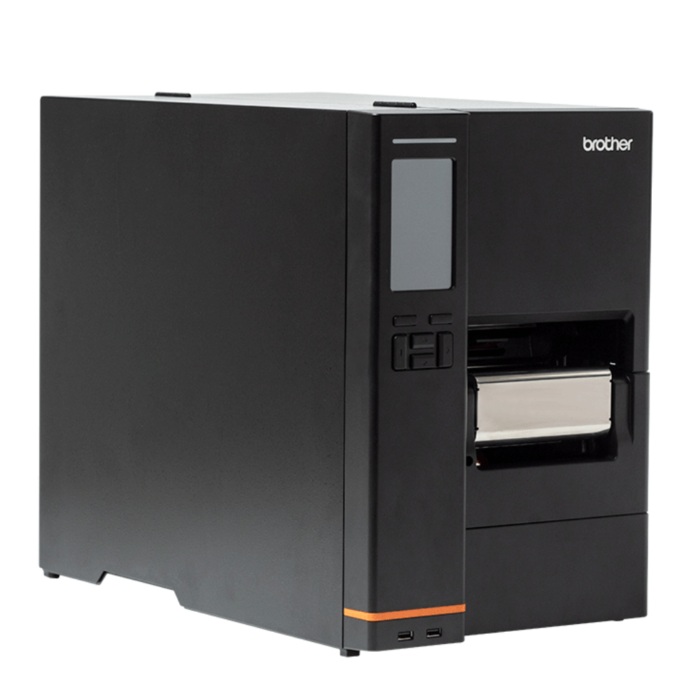 Impressora Brother TJ-4422TN da Fábrica das etiquetas, vista frontal com detalhes do painel e design compacto.