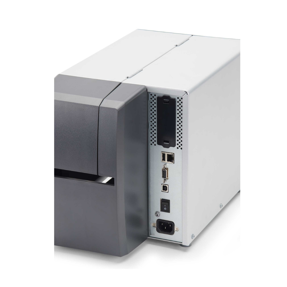 Impressora Zebra ZT231 da Fábrica das Etiquetas, exibindo painel e cabeça de impressão em uma imagem detalhada.