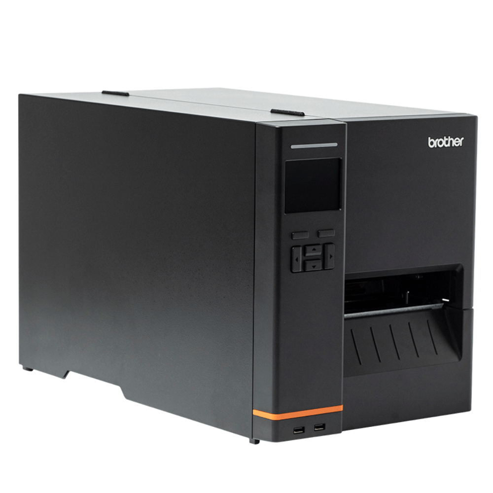 Impressora Brother TJ-4520TN da Fábrica das etiquetas, vista lateral com painel de controlo e etiquetas a sair.