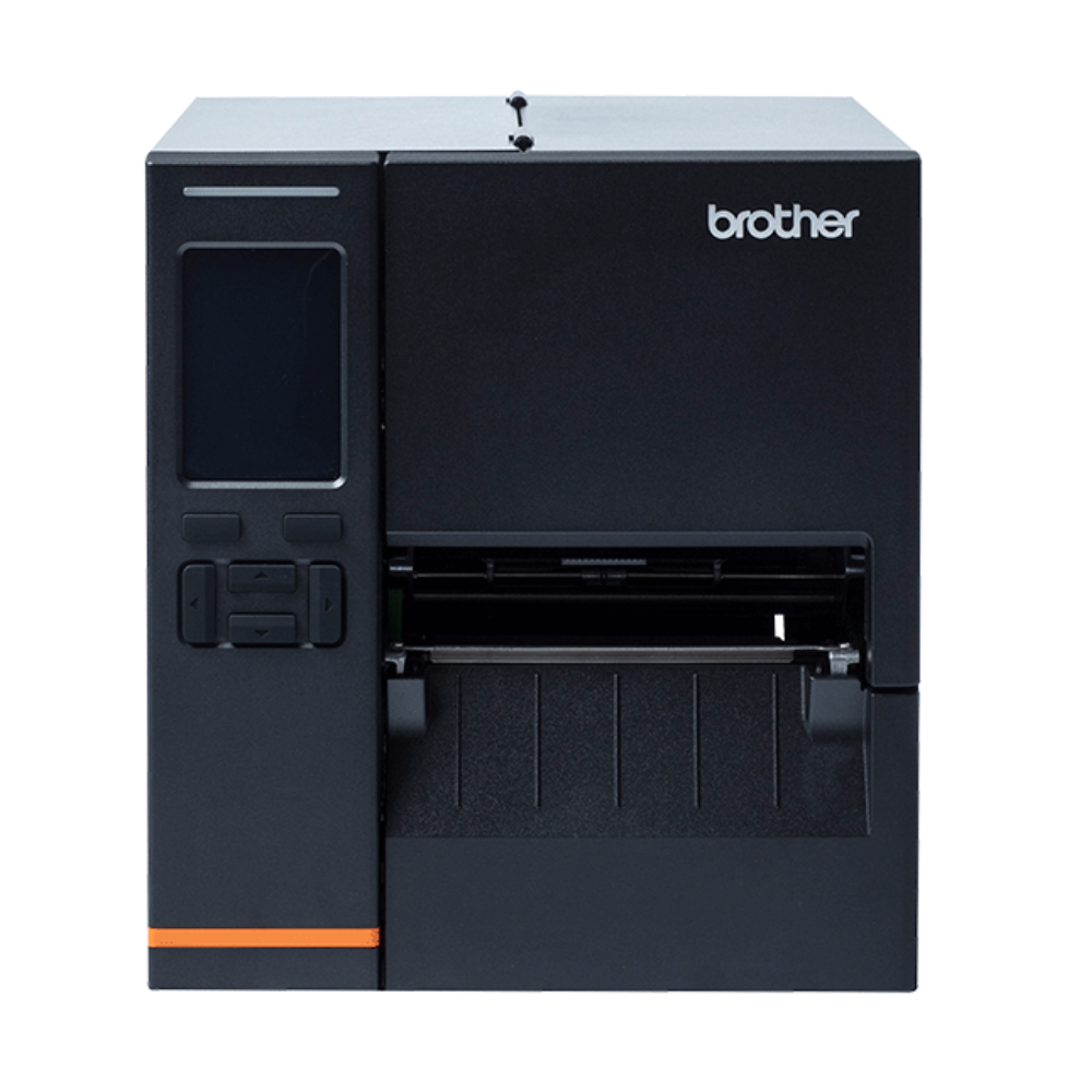 Impressora Brother TJ-4021TN de etiquetas, branca, com display e bobina de papel visíveis.