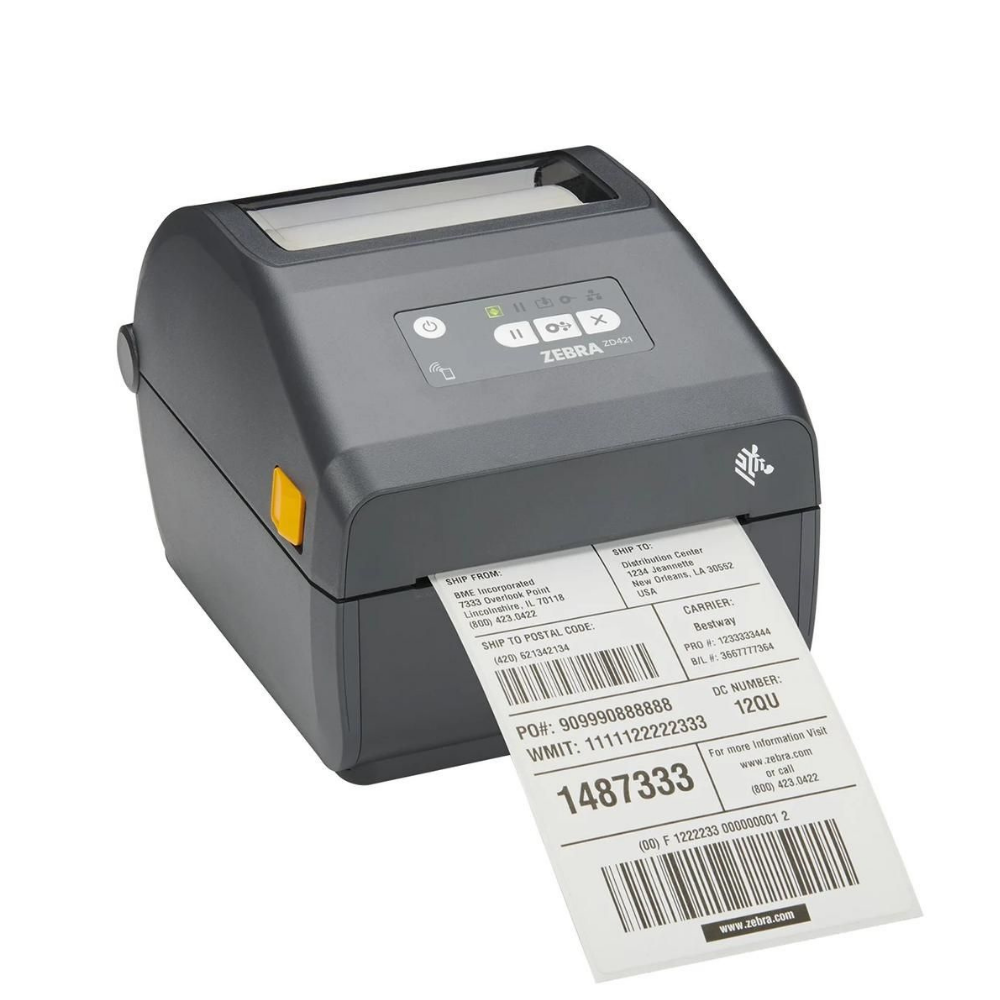 Impressora Zebra ZD421D de etiquetas, vista frontal com telas e botões, em ambiente de escritório.
