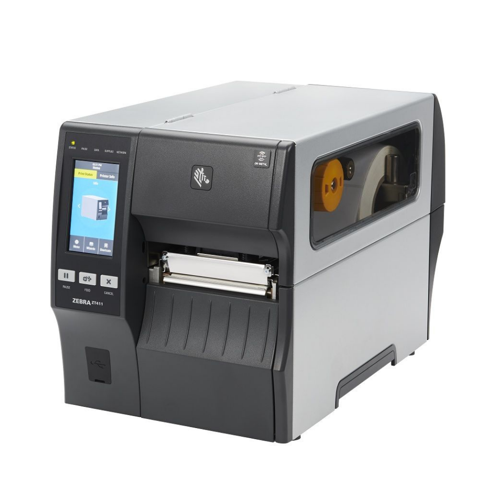 Impressora de etiquetas Zebra ZT411 da Fábrica das Etiquetas, vista de frente com painel de controle e bobina de papel.