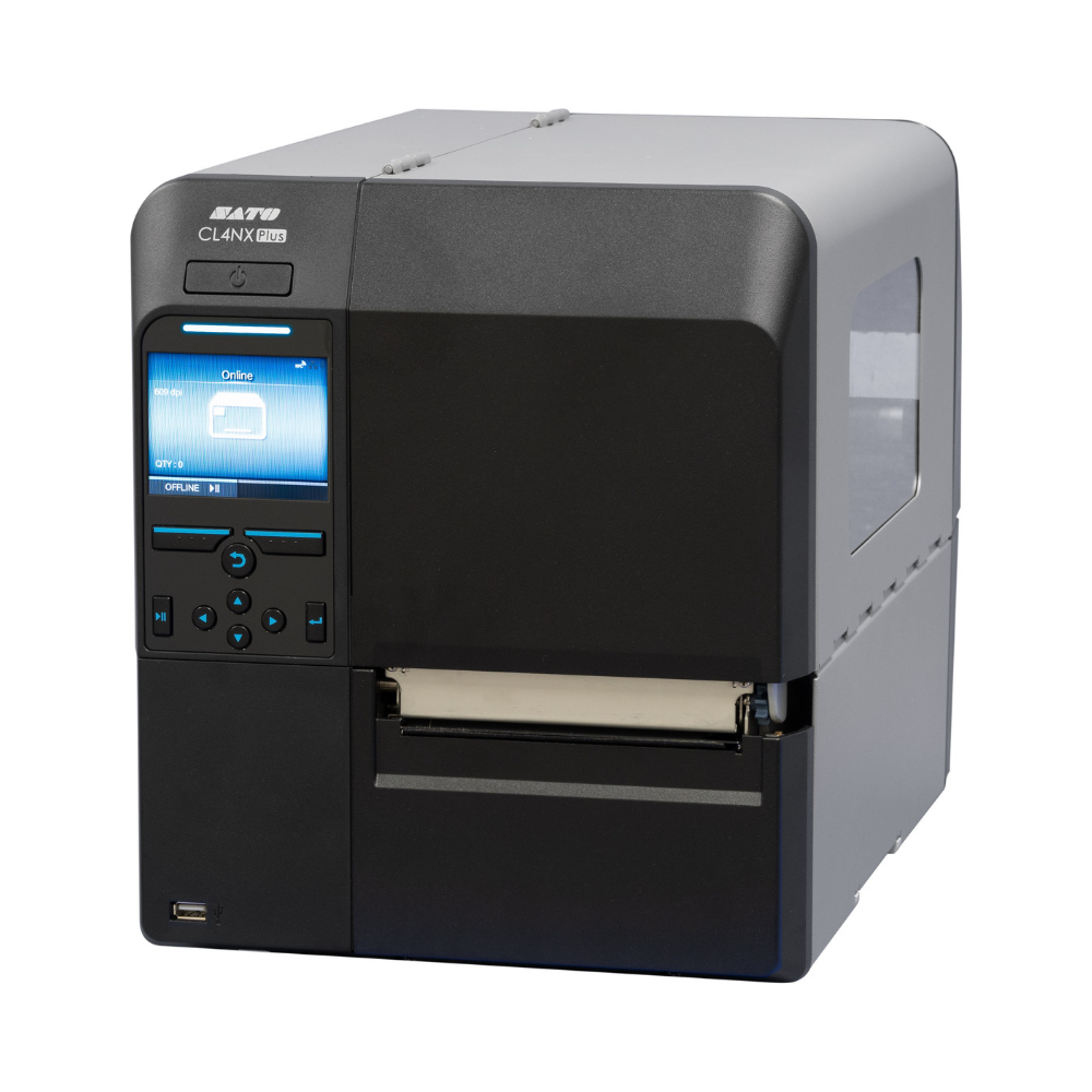 Impressora de etiquetas SATO CL4NX Plus da Fábrica das etiquetas, vista lateral com tela e botões de controle.