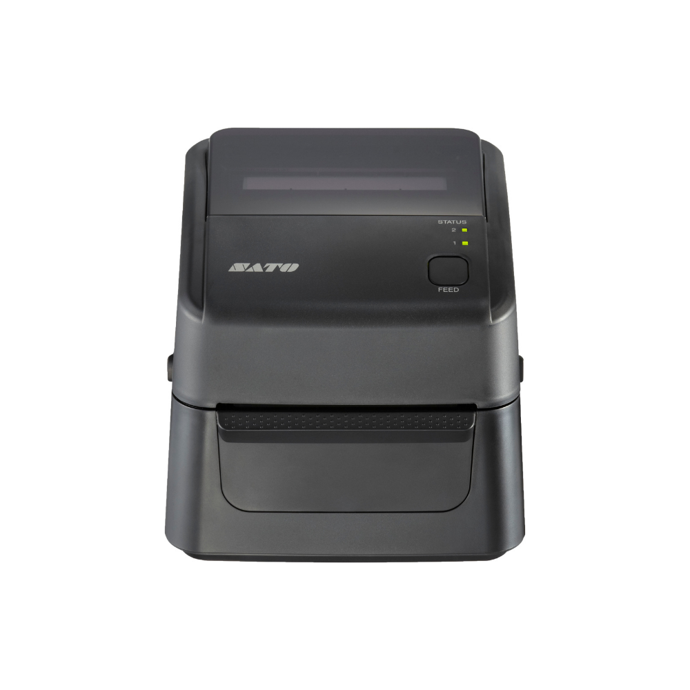 Etiquetas adesivas Sato WS408 da Fábrica das Etiquetas, com detalhes das impressões e formato retangular.