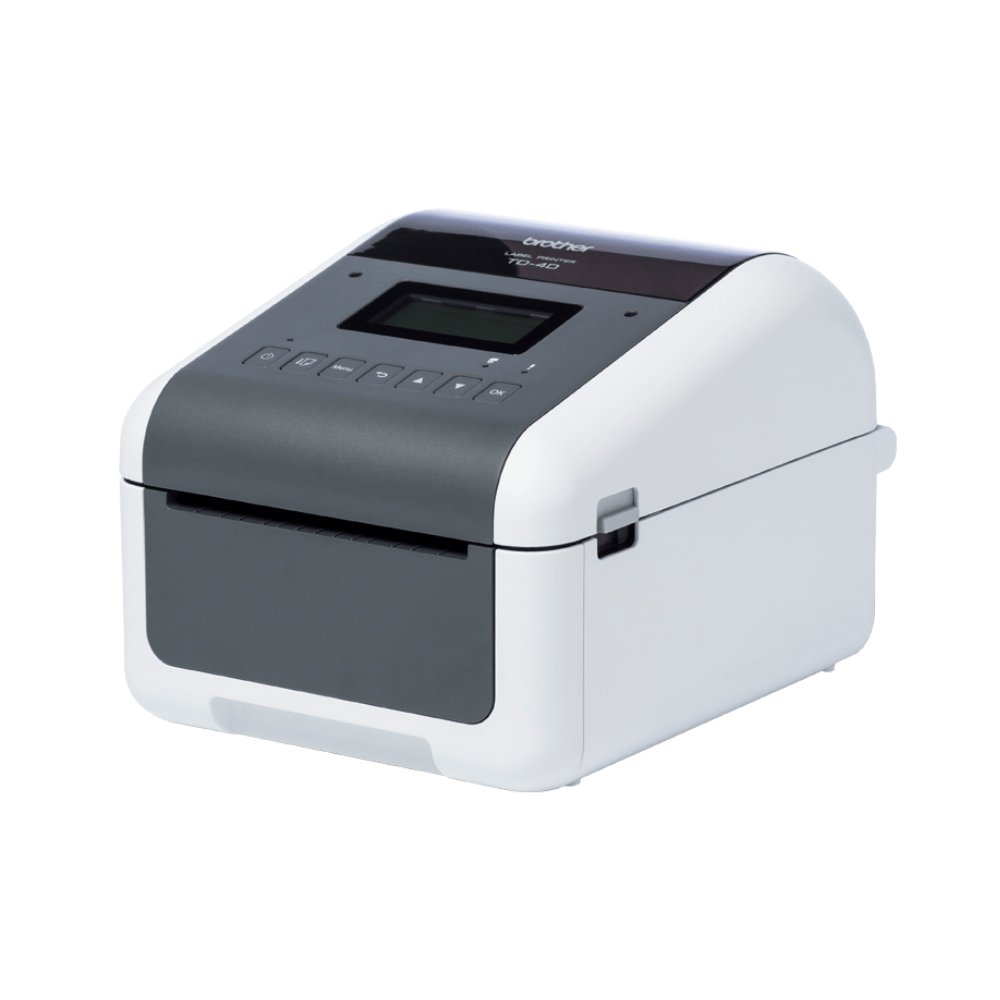 Impressora de etiquetas Brother TD-4550DNWB da Fábrica das etiquetas exibindo etiquetas impressas em papel térmico.