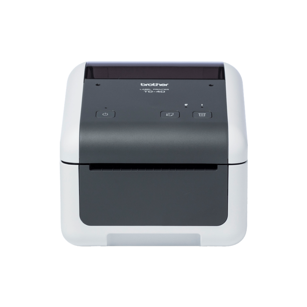 Impressora Brother TD-4520DN da Fábrica das Etiquetas, vista frontal com painel de controle e papel de etiqueta carregado.