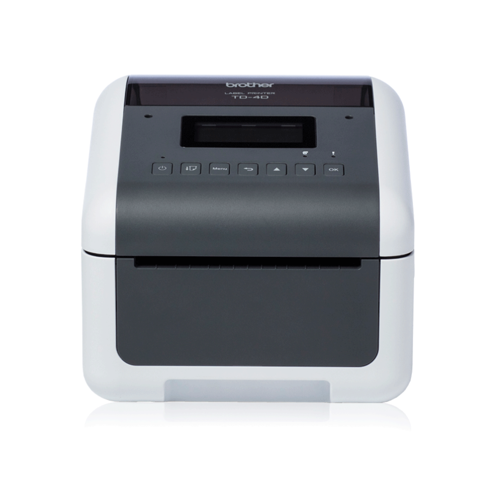 Impressora de etiquetas Brother TD-4550DNWB da Fábrica das etiquetas mostrando a impressora em operação com etiquetas saindo.