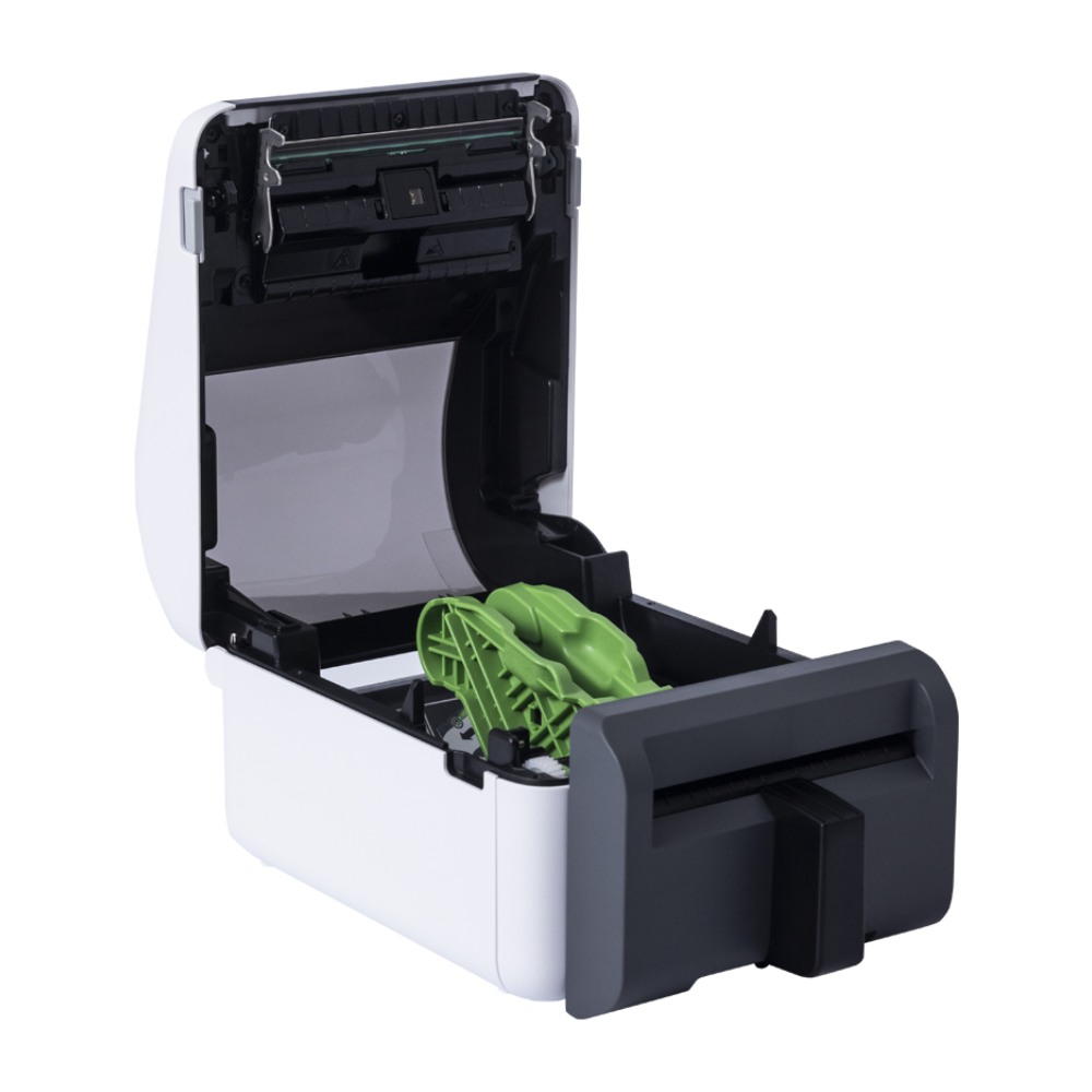 Etiquetadora Brother TD-4420DNFC da Fábrica das etiquetas, mostrada com painel de controlo e fita de impressão visível