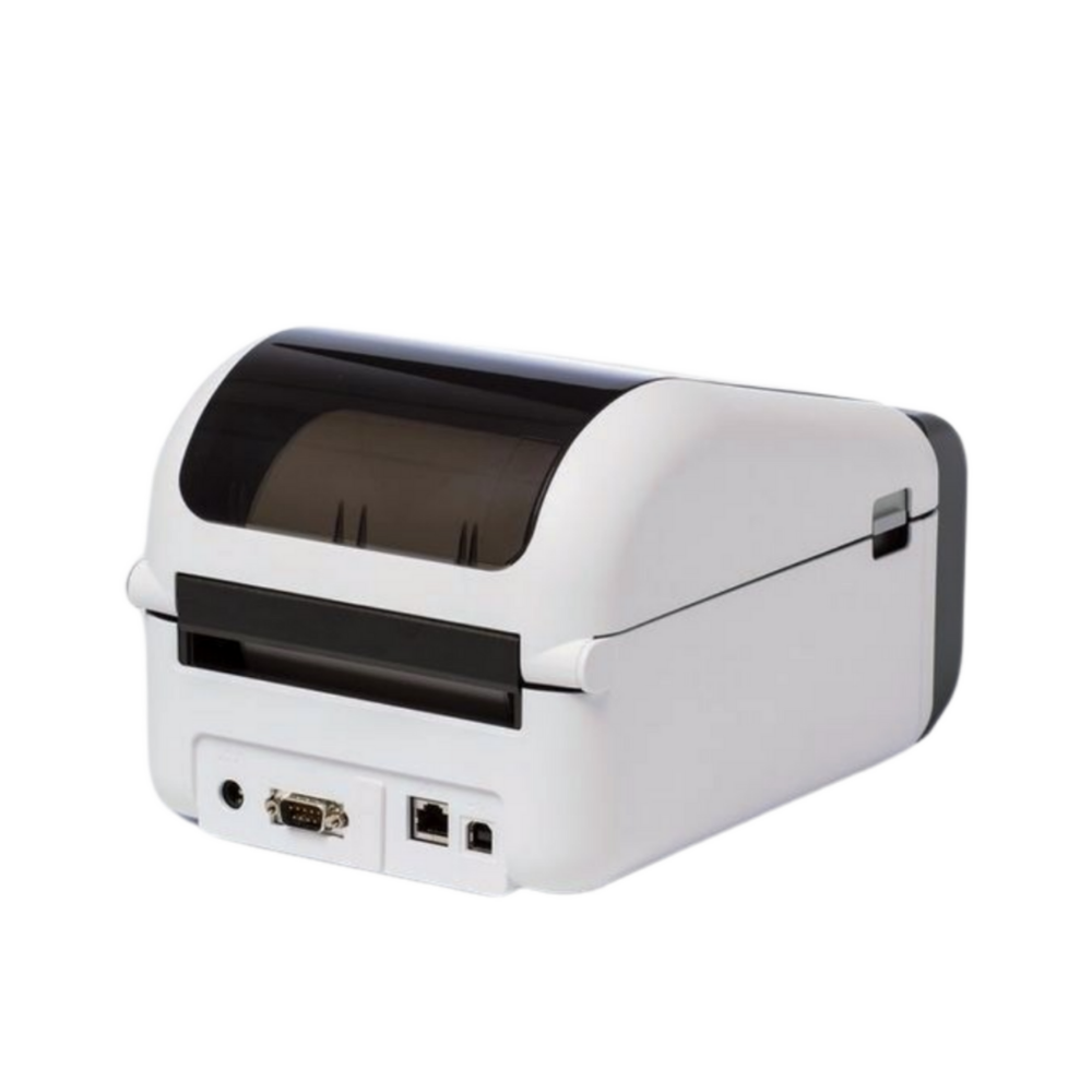 Etiquetadora Brother TD-4420DNFC da Fábrica das Etiquetas com tela e teclado, exibindo etiquetas impressas em várias cores.