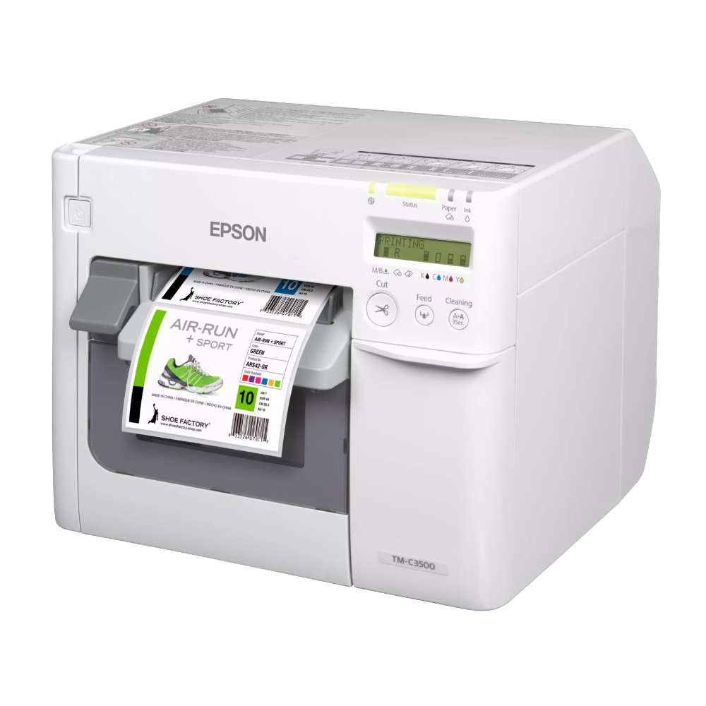 Impressora EPSON C3500 da Fábrica das Etiquetas com painel de controlo e tampa aberta, pronta para impressão de etiquetas.
