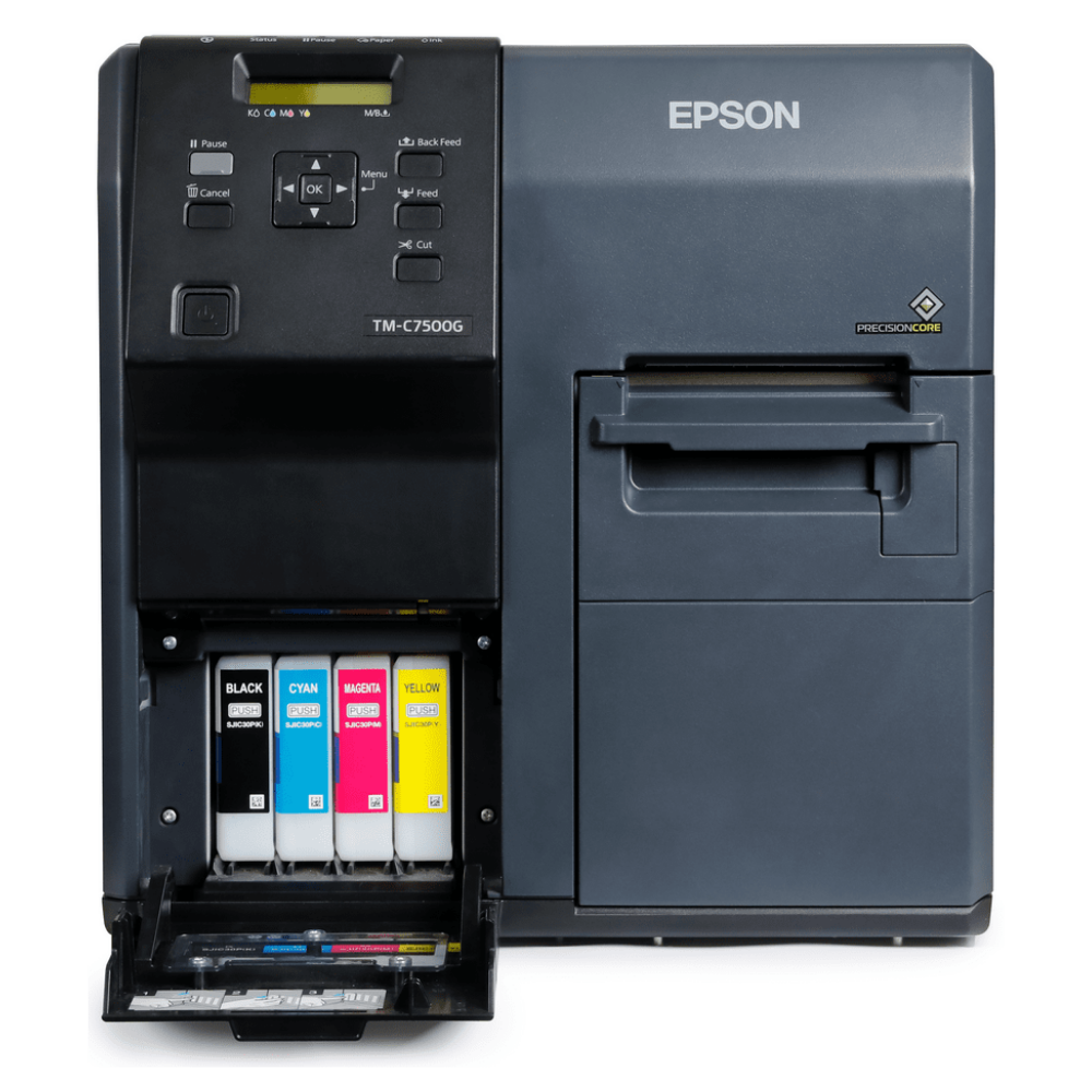 Impressora de etiquetas EPSON C7500G da Fábrica das etiquetas, vista frontal com detalhes do painel e etiquetas impressas