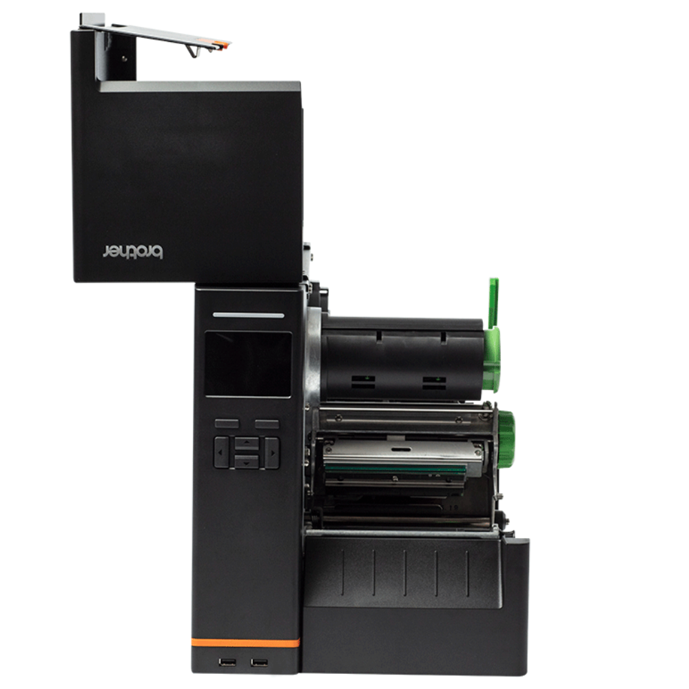 Impressora Brother TJ-4520TN da Fábrica das Etiquetas, vista frontal com display e porta de papel.