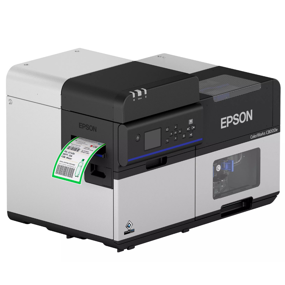 Cartucho de tinta preta EPSON C8000e BK da Fábrica das Etiquetas, mostrado com detalhes e embalagem.
