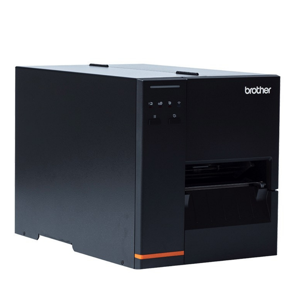 Impressora Brother TJ-4120TN de etiquetas, mostrada em fundo branco com detalhes do dispositivo visíveis.
