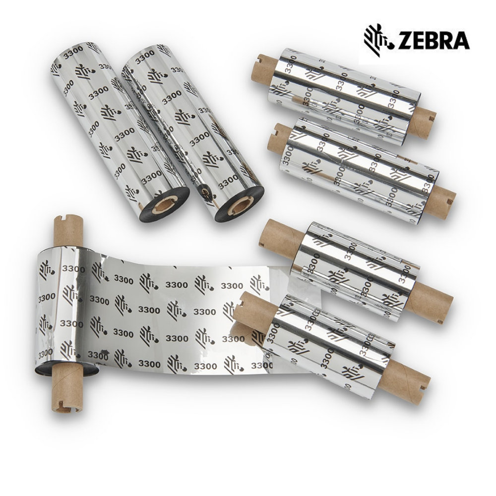 Fita de carbono Zebra 3300 Cera Resina da Fábrica das etiquetas, mostrando a fita de impressão para impressoras industriais.
