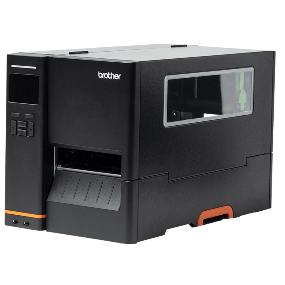 Impressora Brother TJ-4520TN da Fábrica das Etiquetas, vista frontal, com tela e botões de controle.