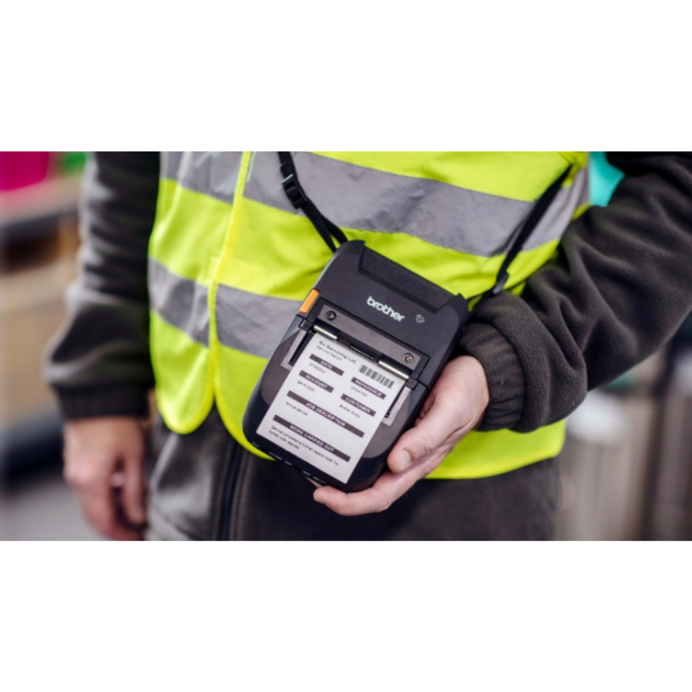 Impressora de etiquetas Brother RJ-3230BL da Fábrica das Etiquetas, vista frontal com tela e botões de operação