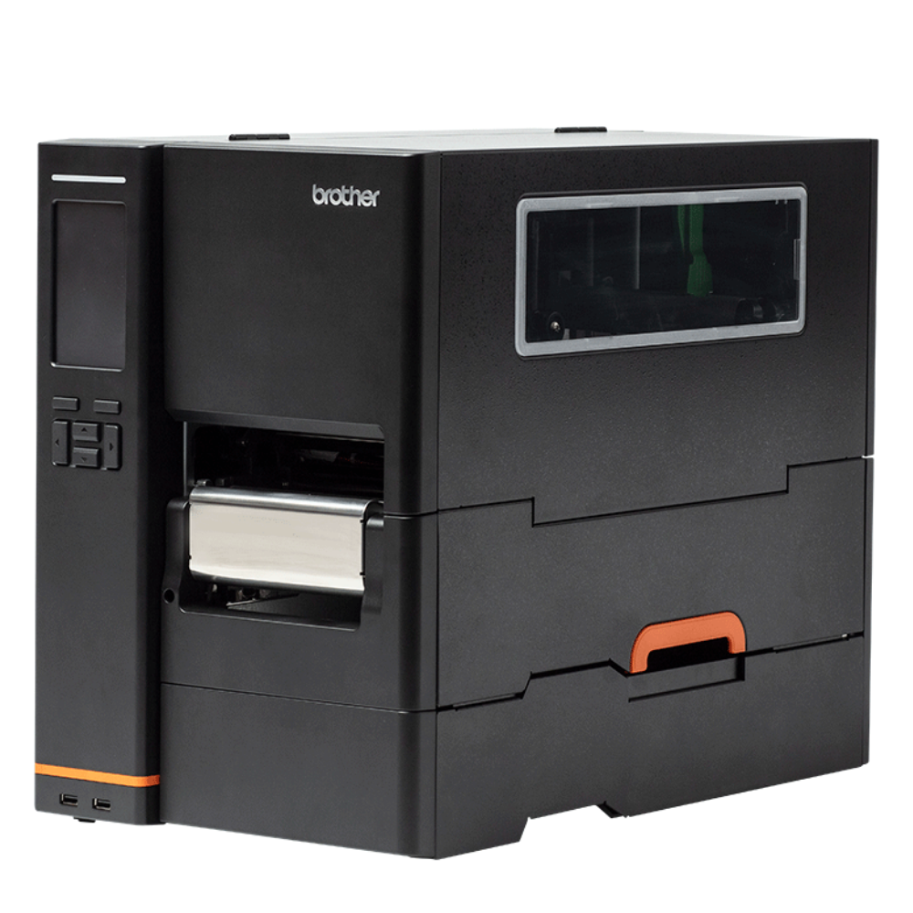 Impressora Brother TJ-4422TN da Fábrica das Etiquetas, vista frontal com etiquetas visíveis e painel de controle.