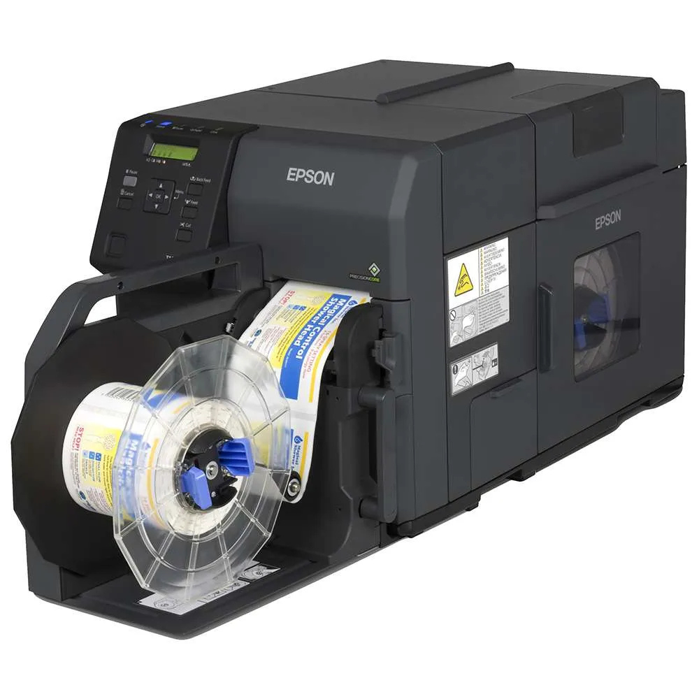 Impressora térmica EPSON C7500G da Fábrica das Etiquetas com painel de controle e espaço para etiquetas.