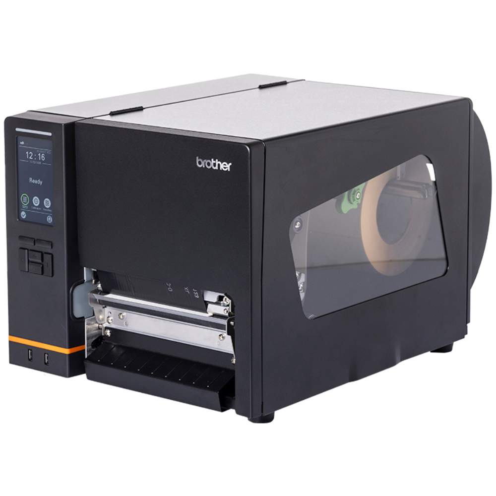 Impressora Brother TJ-6421TN de etiquetas da Fábrica das etiquetas, vista frontal com detalhes do papel de impressão.