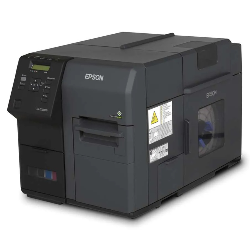 Impressora EPSON C7500G da Fábrica das etiquetas, vista lateral com detalhes do painel e bobina de etiquetas.