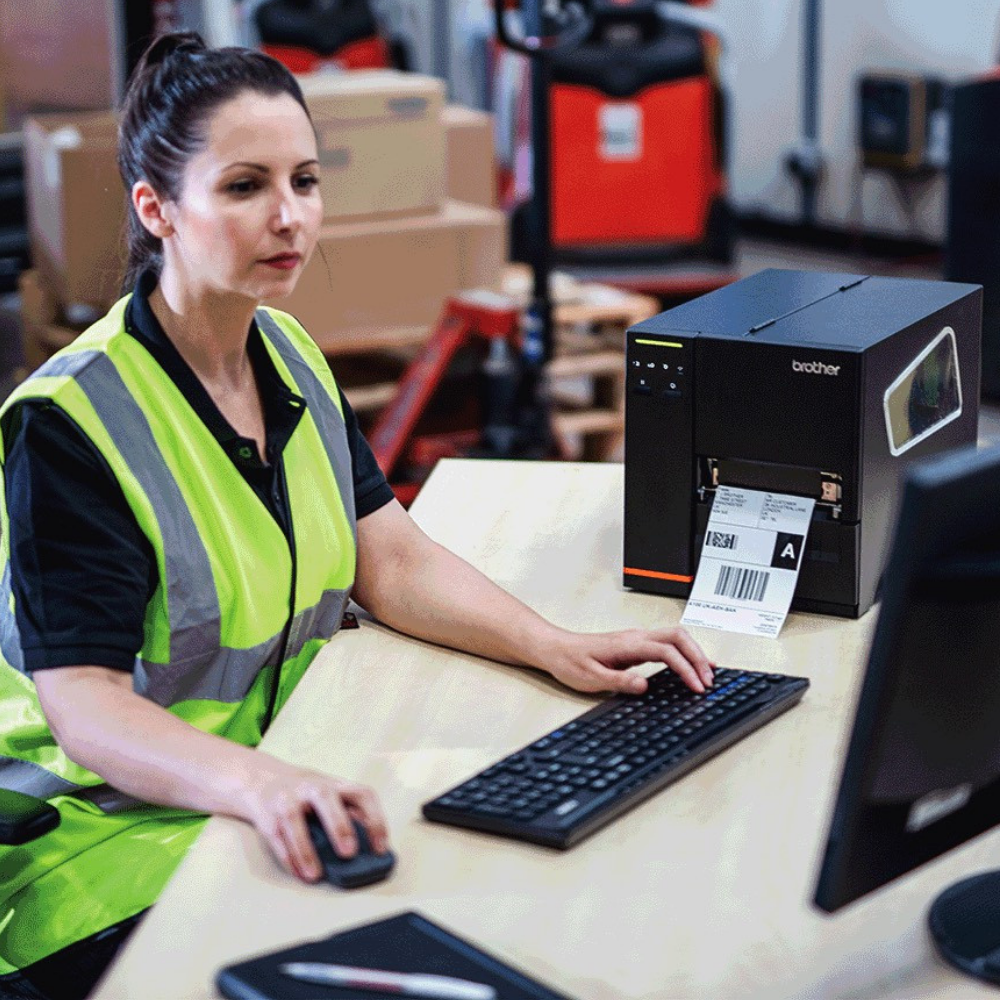 Impressora Brother TJ-4120TN de etiquetas da Fábrica das etiquetas, vista frontal com visor e botões de controlo.