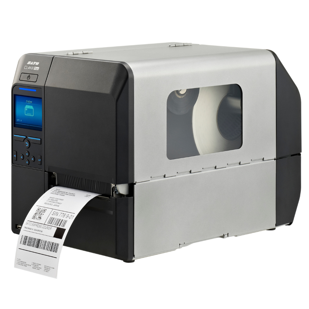 Etiquetas de impressão SATO CL4NX Plus da Fábrica das Etiquetas, impressora térmica industrial com painel de controle e suporte.