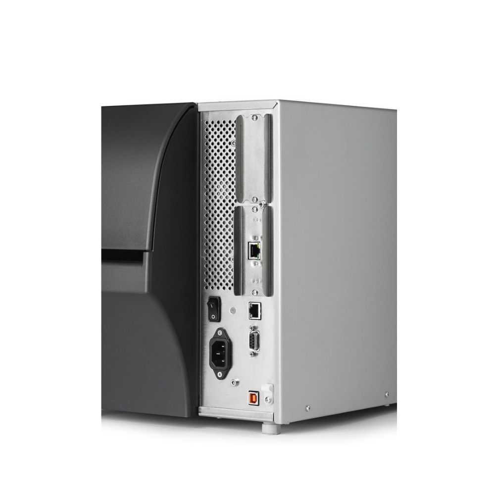 Impressora Zebra ZT411 da Fábrica das Etiquetas, vista frontal com painel de controle e rolo de etiquetas.