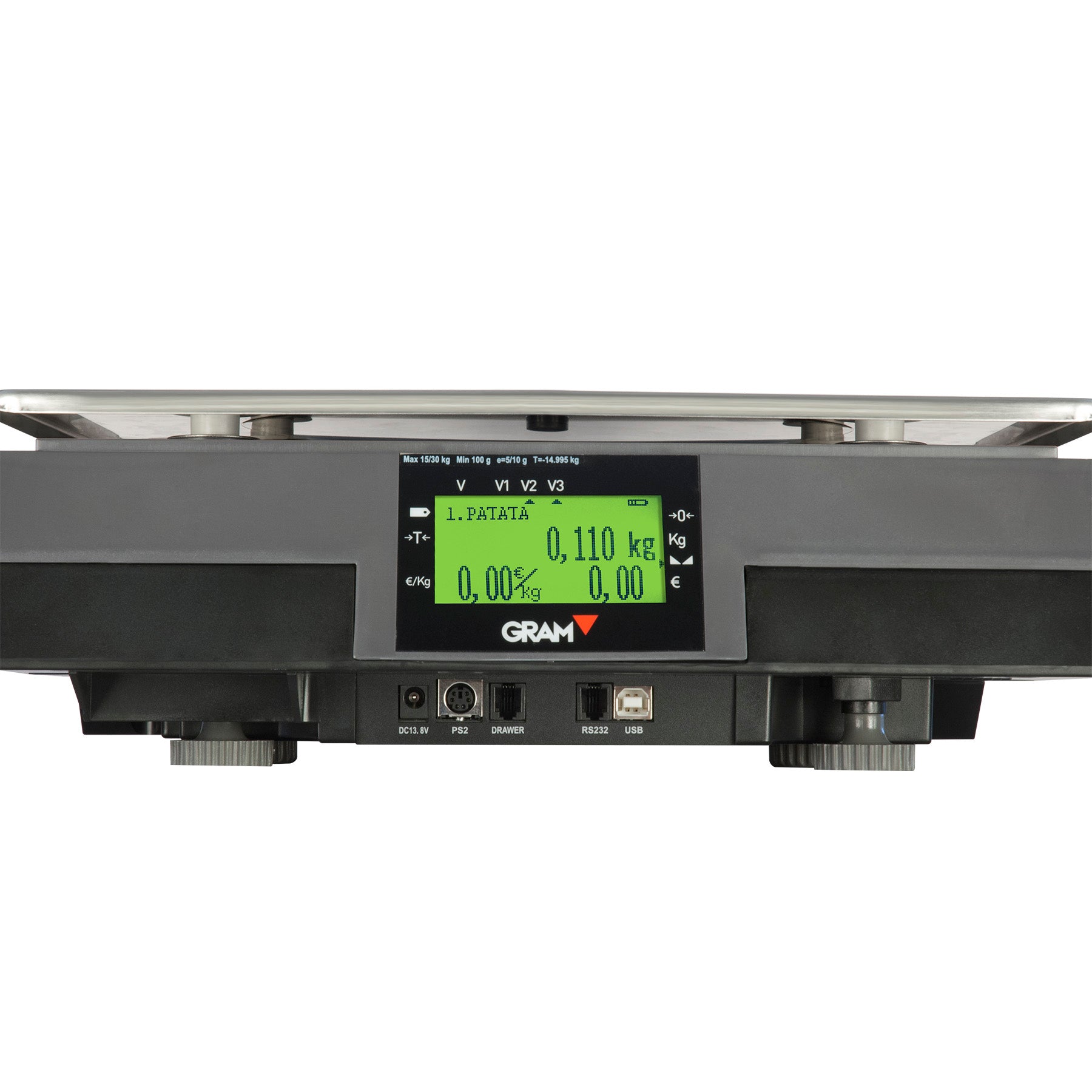 Balança de precisão GRAM M4 da Fábrica das Etiquetas, mostrador digital e superfície de pesagem em branco.
