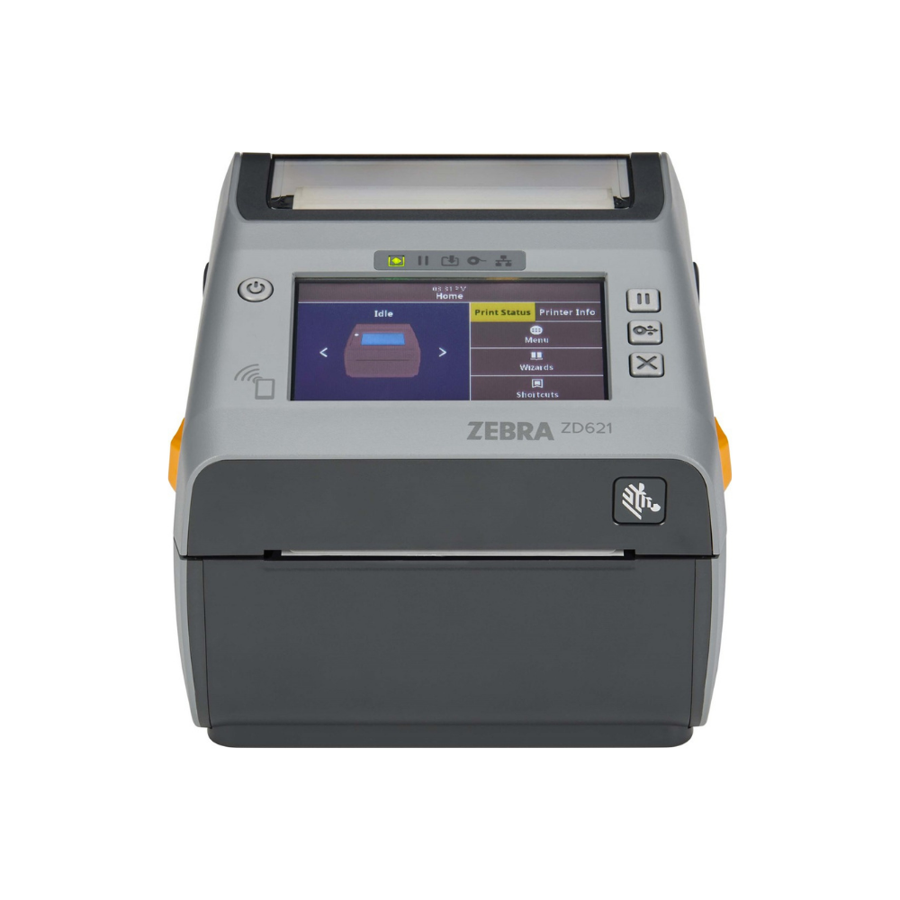 Impressora Zebra ZD621D da Fábrica das Etiquetas, mostrada com detalhes de sua frente e painel de controle.