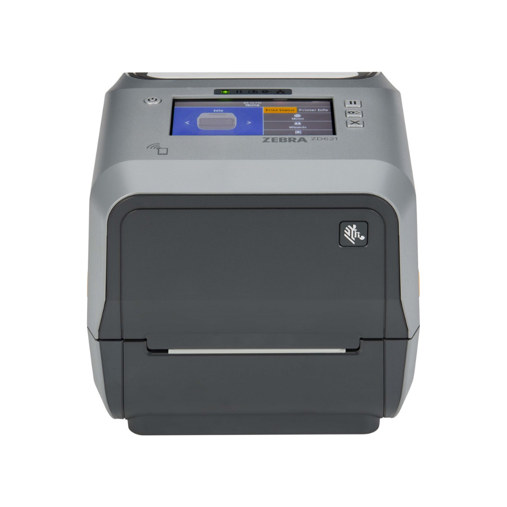 Impressora Zebra ZD621T da Fábrica das Etiquetas, vista frontal com tela digital e bobina de etiquetas.
