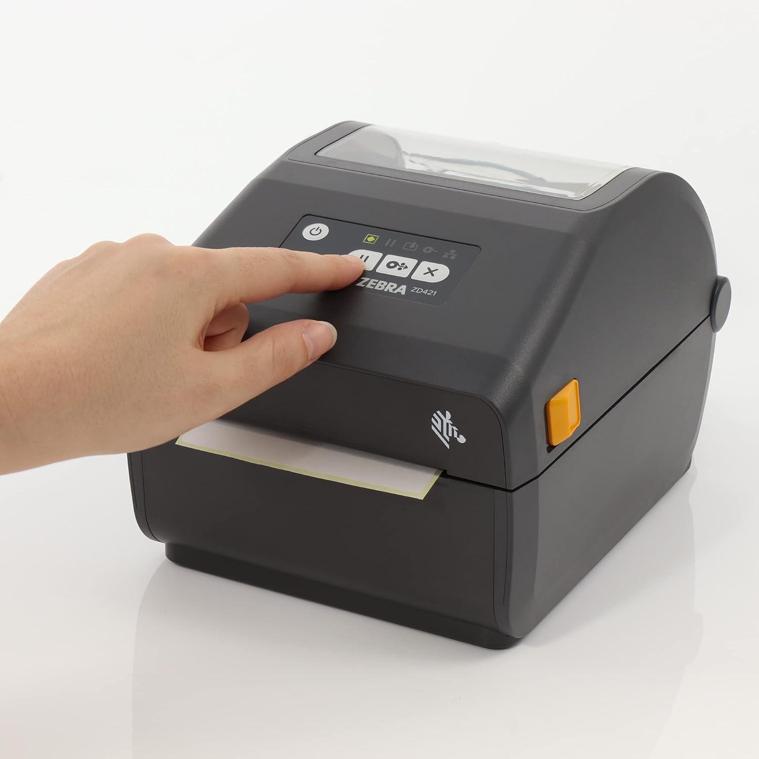 Impressora Zebra ZD421D da Fábrica das etiquetas, vista frontal com tela e botões.