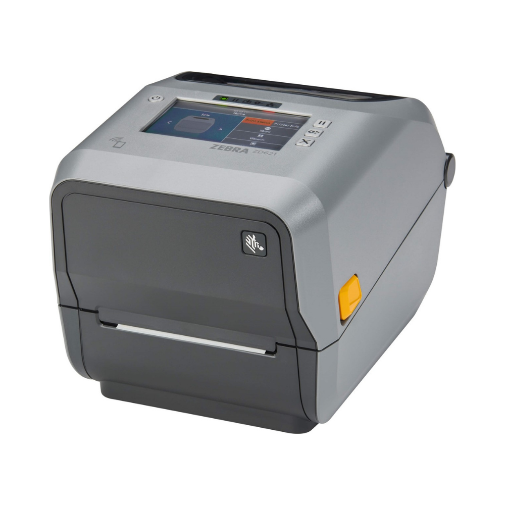 Impressora Zebra ZD621T da Fábrica das Etiquetas, vista frontal com tela de controle e espaço para etiquetas.